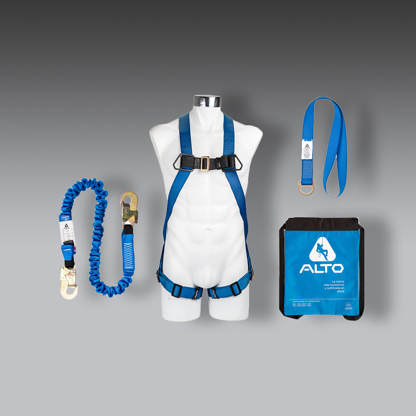 arnes para la seguridad industrial kit promociOn alto para construcciOn arnes contractor cc elAstico pf .90m y morral modelo kpa 2 marca alto